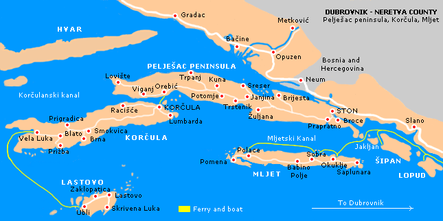 Kaart van het schiereiland Pelješac